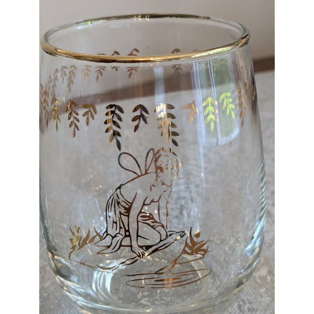 White Rock Tumblers Set 4 Nymph Fairy VTG GingerAle Gold Paint Glass MCM 50s 60s
